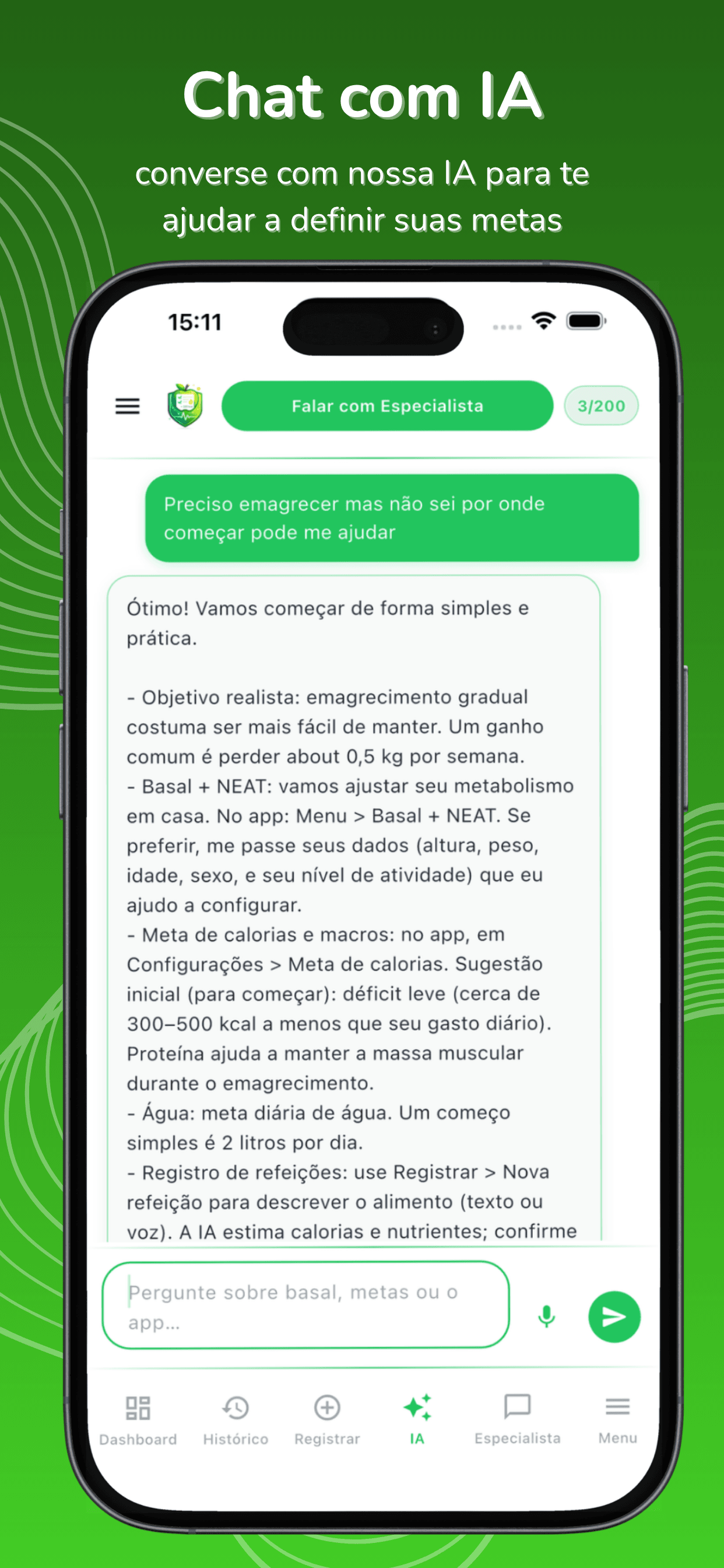 Tela do app Calorias Fácil IA: chat com assistente respondendo sobre emagrecimento e metas