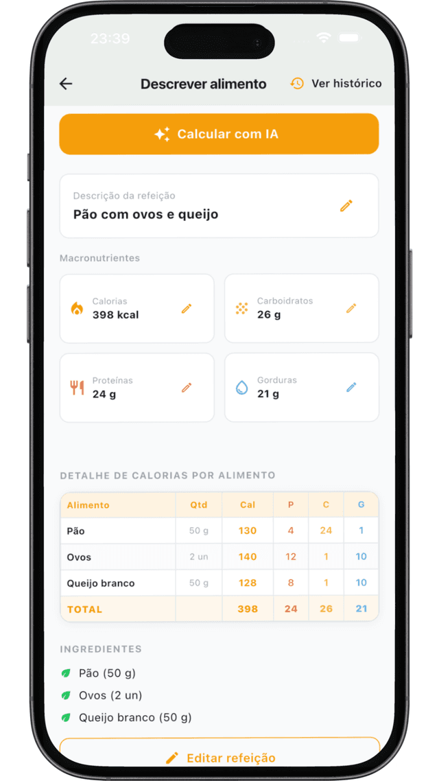 Detalhe de calorias por alimento